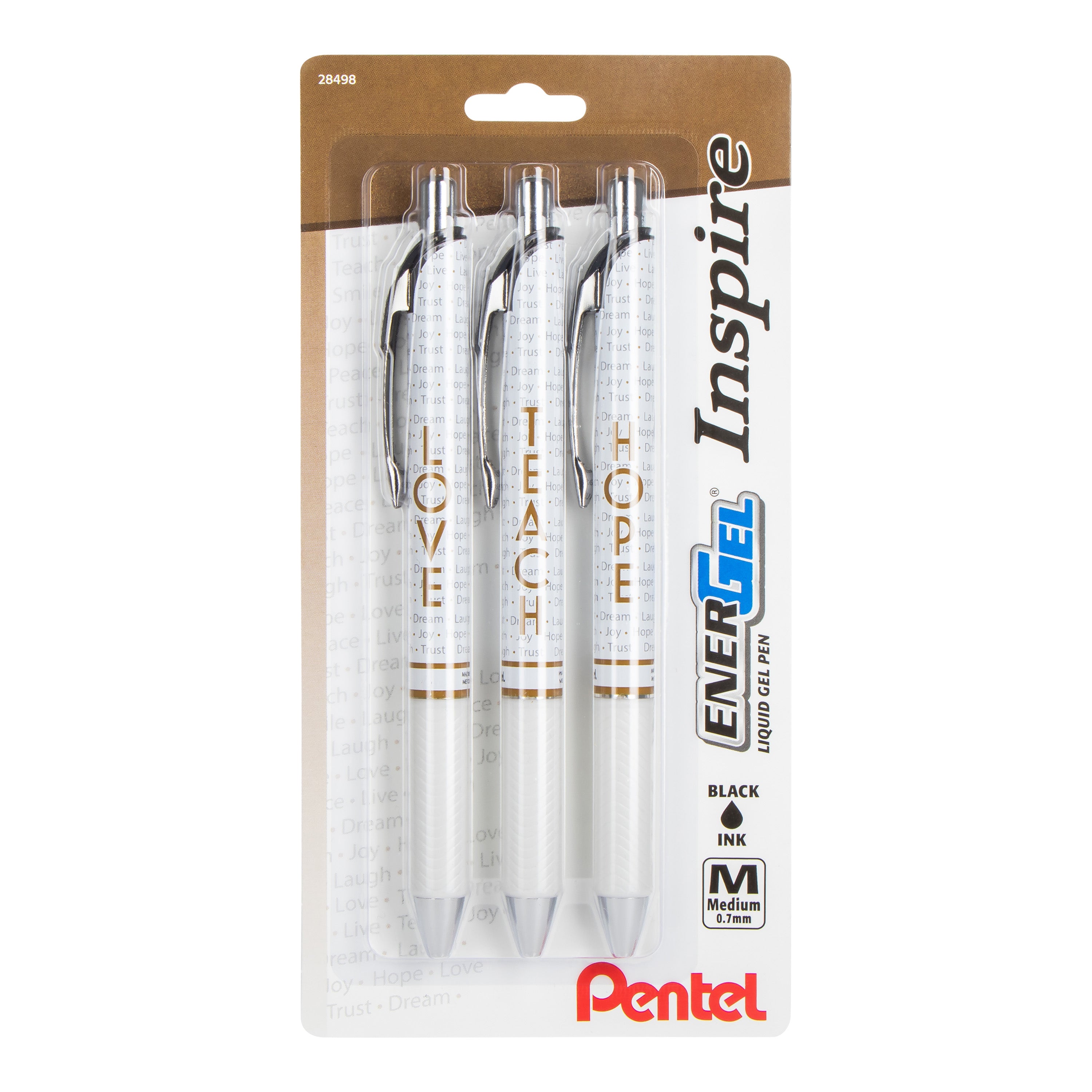 EnerGel Inspire Refillable Gel Pen, 0.7mm, Black Ink 3-pk (Love, Teach