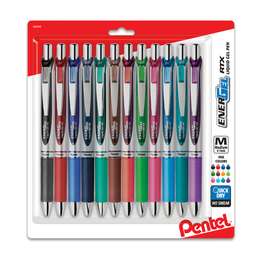 EnerGel RTX Refillable Liquid Gel Pen, (0.7mm) Assorted Ink 12-pk