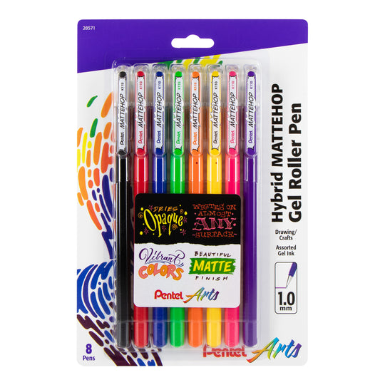 Pentel Arts Hybrid MATTEHOP Gel Roller, 1.0mm, Matte Assorted Colors, Pack of 8 Pens