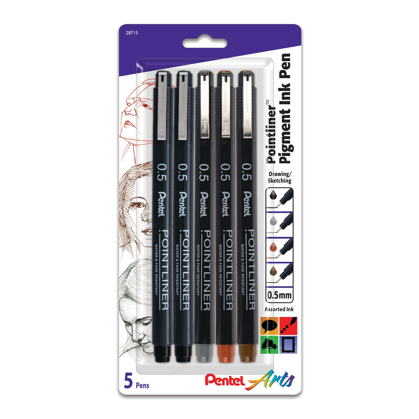 Pentel Arts Pointliner Pen, 5-Pack, 0.5mm Tip, Assorted Ink Colors