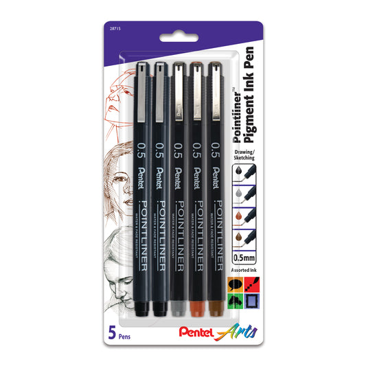 Pentel Arts Pointliner Pen, 5-Pack, 0.5mm Tip, Assorted Ink Colors