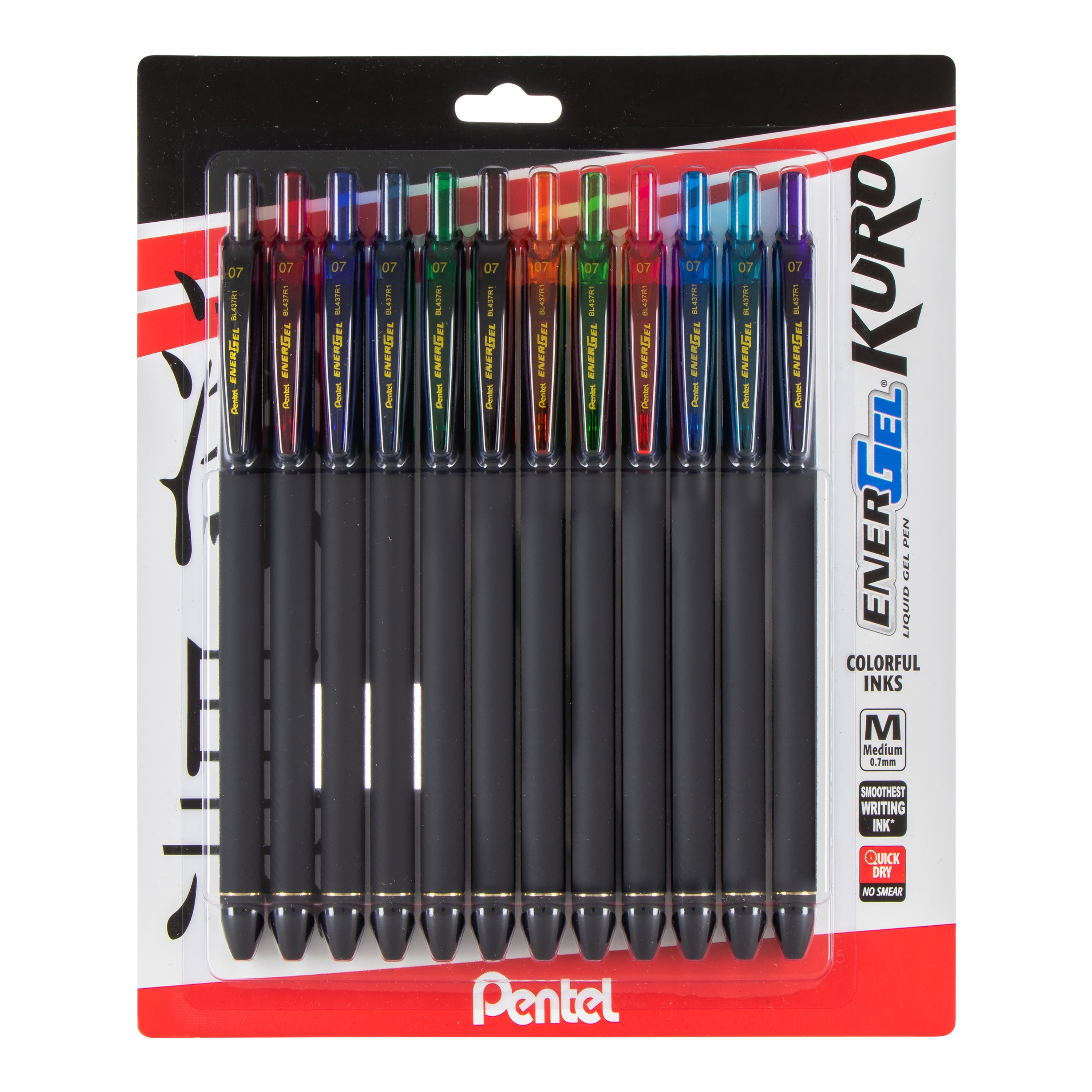 EnerGel Kuro Liquid Gel Pen, (0.7mm) Medium line, Assorted Ink 12-pk