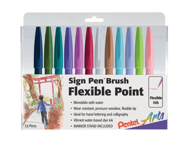 Pentel Arts Sign Pen Brush Tip,  12-Pack Assorted Colors- NEW Colors!