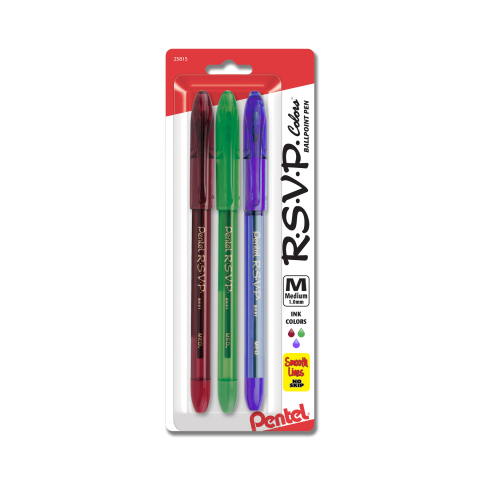 3 Pack Pentel R.S.V.P. Medium Ballpoint Pens 8/Pkg-Assorted Colors BK91CRBP  - GettyCrafts
