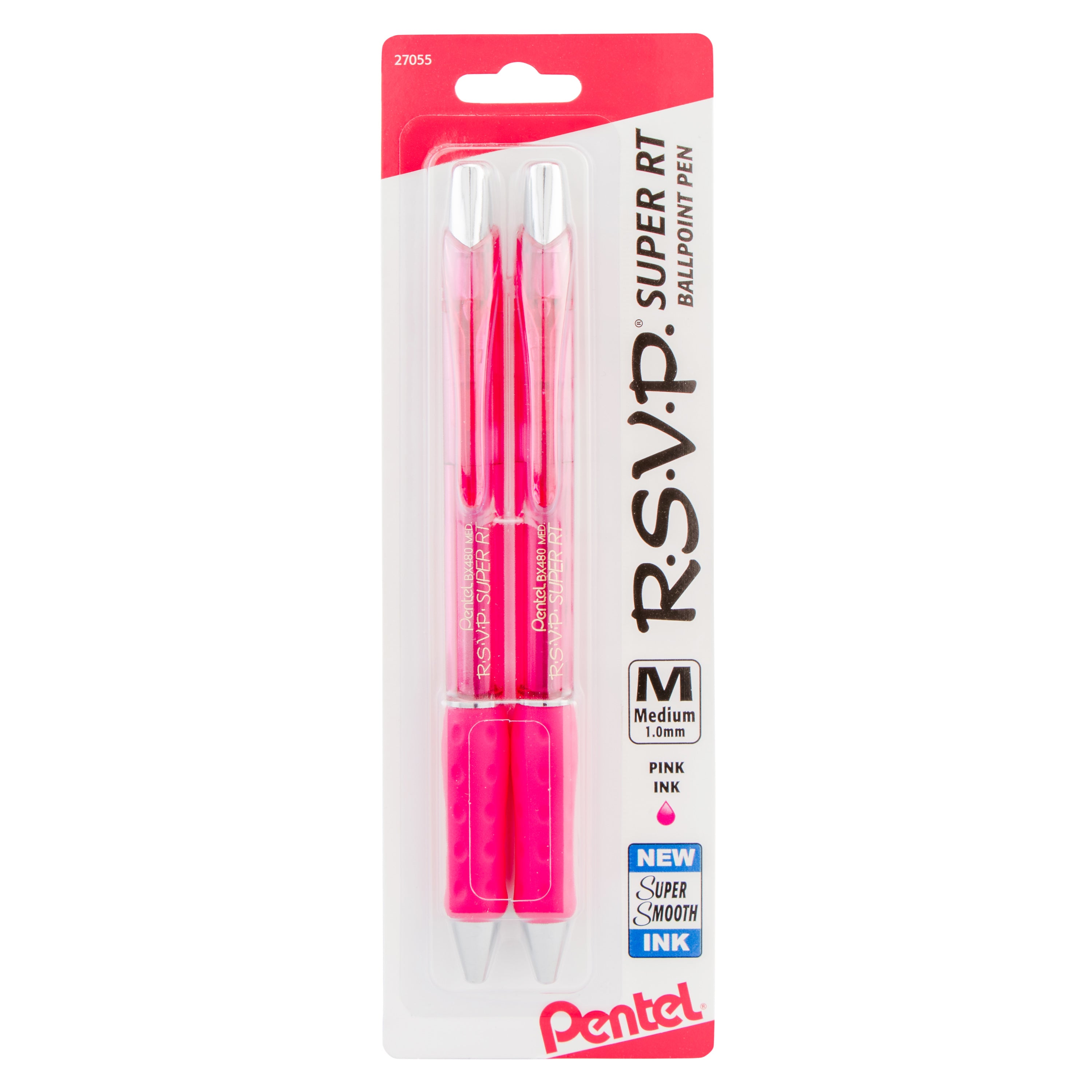 RSVP Super RT Ballpoint Pen 1.0mm Medium Line Pink Ink 2 Pk