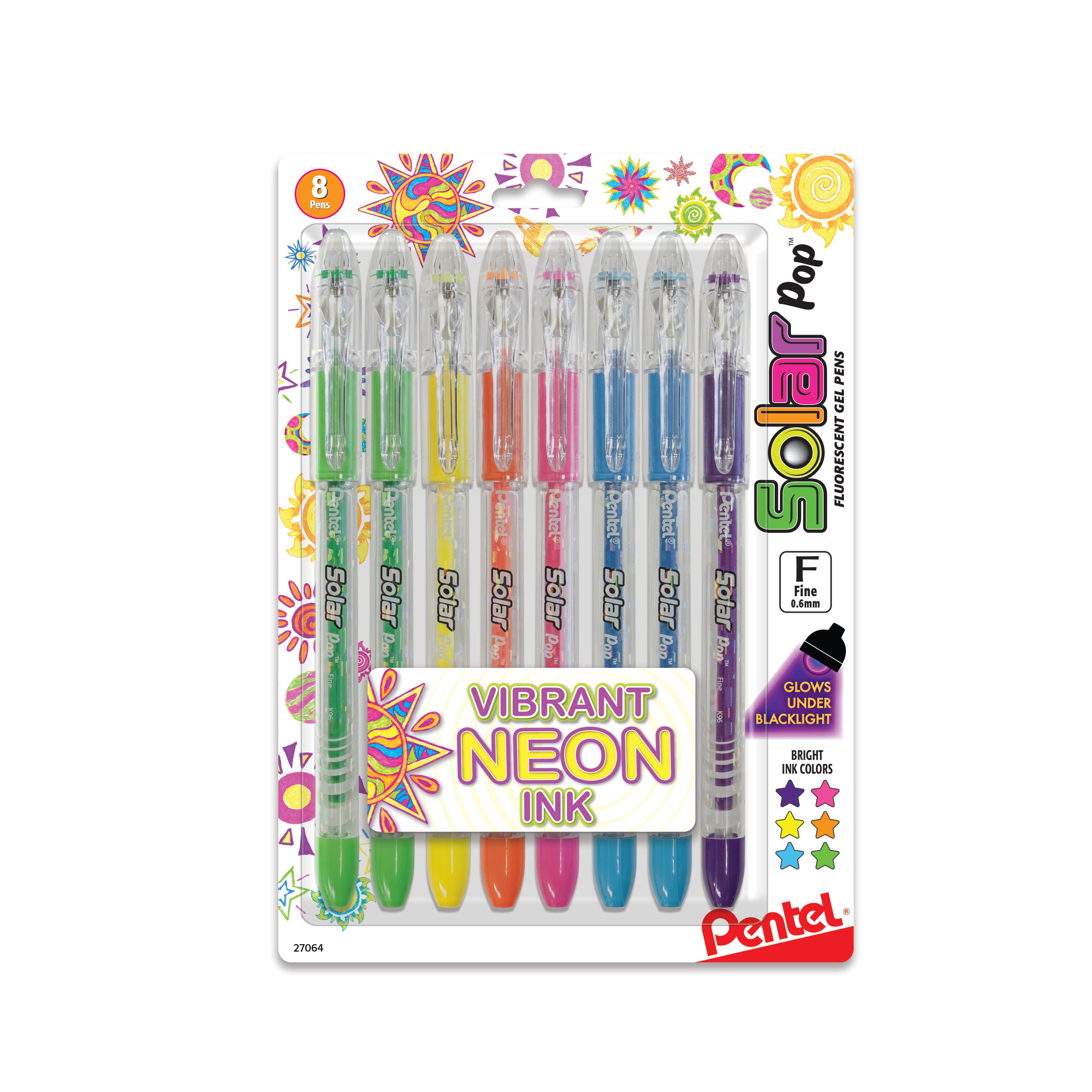 Solar Pop Neon Gel Pen, (0.6mm) Fine Line, Assorted Ink 8-Pk