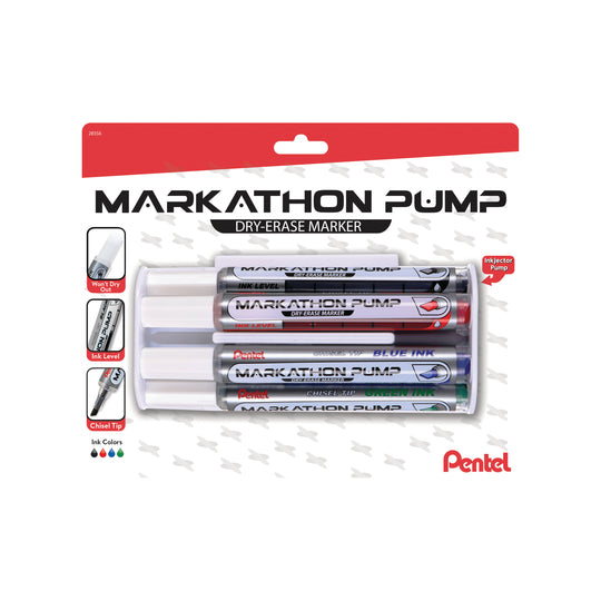 Markathon Pump Dry-Erase Marker, Assorted Ink, Eraser Caddy, 4-pk