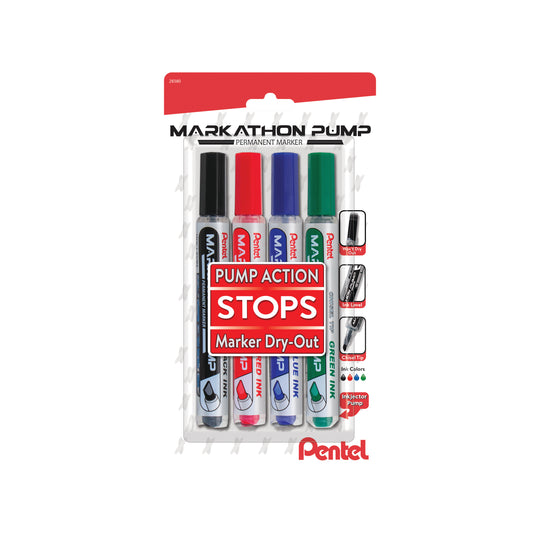 Markathon Pump Permanent Marker, Assorted Ink, 4-pk